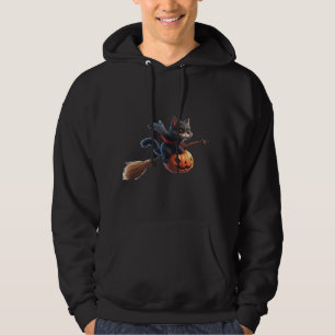 Halloween Witch Cats Riding Broomstick Pumpkin  Hoodie