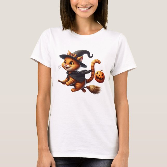 Halloween Witch Cats Riding Broomstick Pumpkin T-Shirt (Front)
