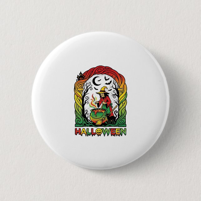Halloween Witch Cauldron Brewing Black Cat Spooky  Button (Front)