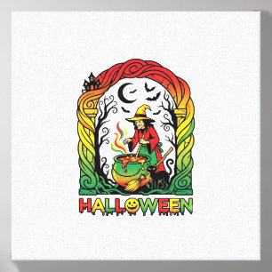 Halloween Witch Cauldron Brewing Black Cat Spooky Canvas Photo Tile
