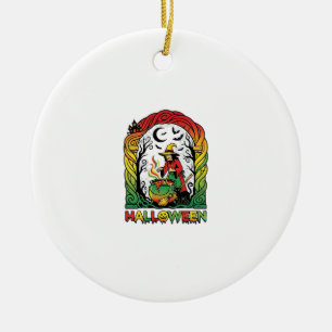 Halloween Witch Cauldron Brewing Black Cat Spooky Ceramic Ornament