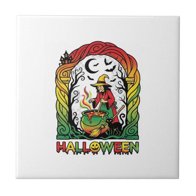 Halloween Witch Cauldron Brewing Black Cat Spooky  Ceramic Tile (Front)