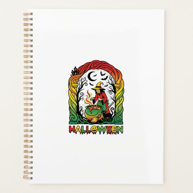 Halloween Witch Cauldron Brewing Black Cat Spooky  Planner (Front)