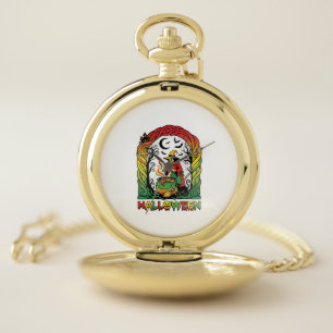 Halloween Witch Cauldron Brewing Black Cat Spooky Pocket Watch