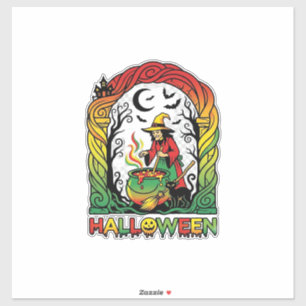 Halloween Witch Cauldron Brewing Black Cat Spooky Sticker