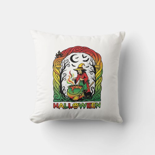 Halloween Witch Cauldron Brewing Black Cat Spooky  Throw Pillow