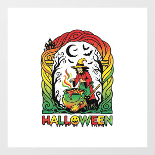 Halloween Witch Cauldron Brewing Black Cat Spooky Window Cling
