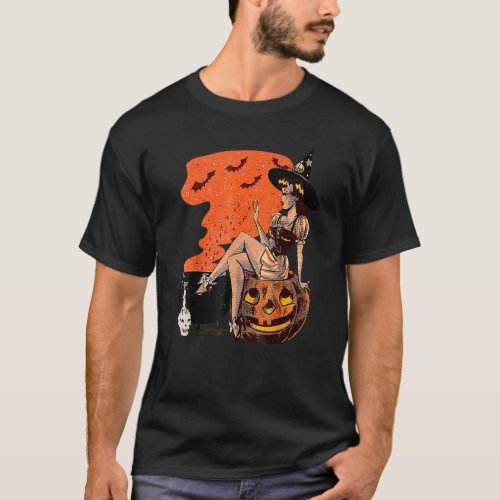 Halloween Witch Cauldron Pin Up Retro Vintage Pump T_Shirt