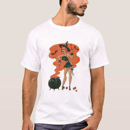 Halloween Witch Cauldron Pin Up Retro Vintage Pump T_Shirt