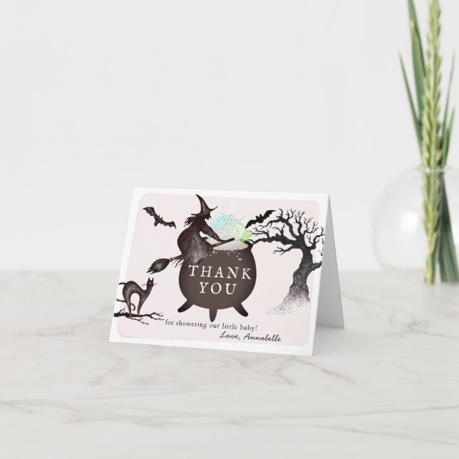 Halloween Witch Cauldron Pink Baby Shower Thank You Card (Front)