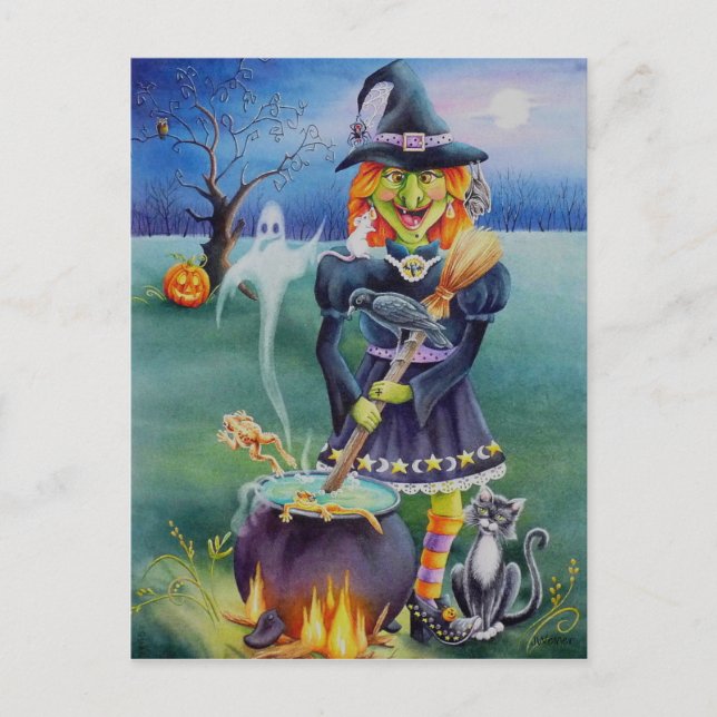 Halloween Witch & Critter Friends Watercolor Art Postcard (Front)