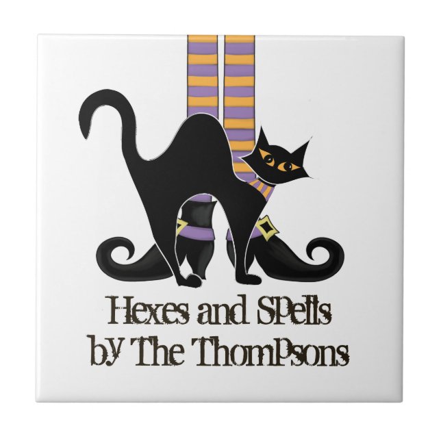Halloween Witch Cute Black Cat Whimsical  Ceramic Tile (Front)