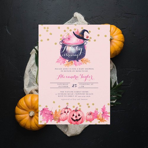 Halloween Witch Cute Fall Pink Baby Girl Shower Invitation