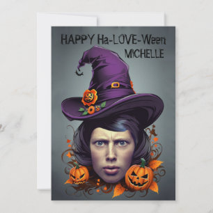 Halloween witch face in hole greetings invitation