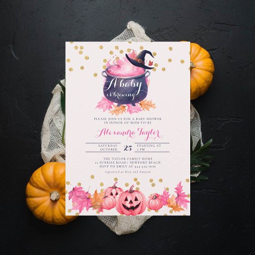 Halloween Witch Fall Blush Pink Baby Girl Shower Invitation