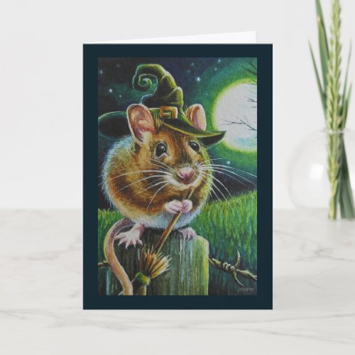 Halloween Witch Field Mouse Broom Watercolor Art Card