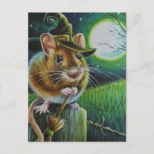 Halloween Witch Field Mouse Broom Watercolor Art Postcard