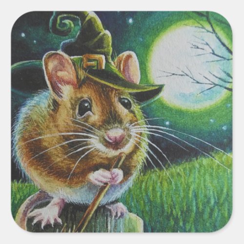 Halloween Witch Field Mouse Broom Watercolor Art Square Sticker