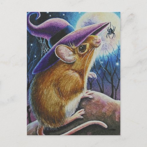 Halloween Witch Field Mouse Spider Watercolor Art Postcard