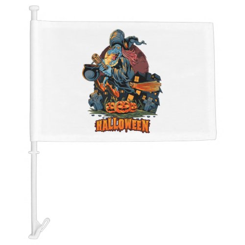 Halloween witch flies with broom pile halloween car flag