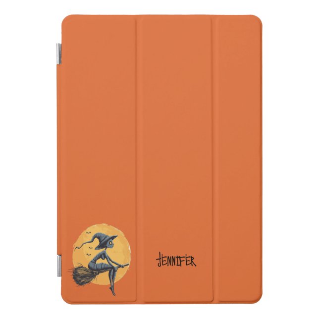 Halloween Witch Fliyng a Broomstick Orange iPad Pro Cover (Front)