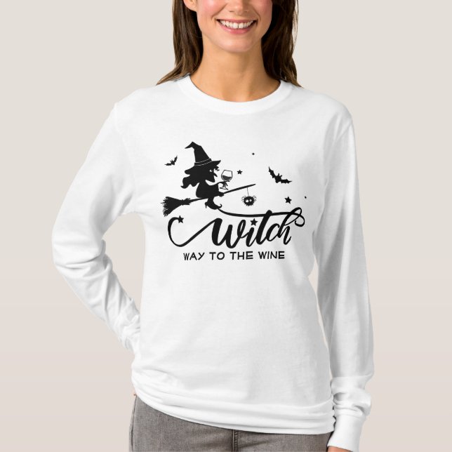 Halloween Witch Flying Broom Wine T-Shirt (Front)