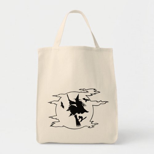 Halloween witch flying broomstick with cat and bat tote bag