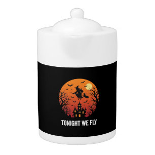 Halloween Witch Flying Night Graphic Design_1 Teapot