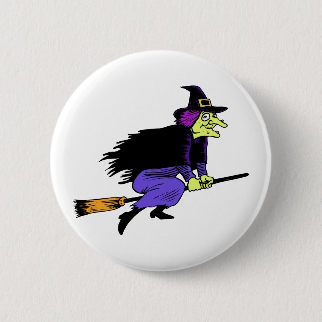 Halloween Witch Flying On A Broomstick Pinback Button (Front)