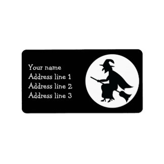 Halloween Witch Flying On Broom Silhouette Label