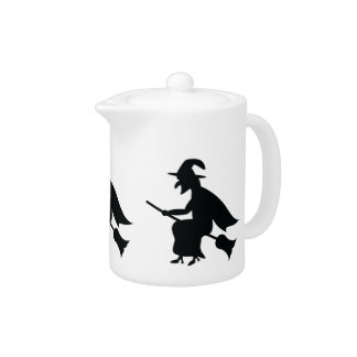 Halloween Witch Flying On Broom Silhouette Teapot