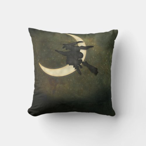 Halloween Witch flying on broom throw pillow