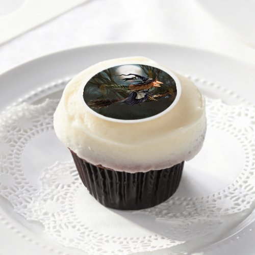 Halloween Witch Flying on Broomstick Edible Frosting Rounds