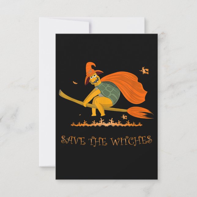 Halloween Witch Flying Turtle Broom Salem RSVP Card (Front)