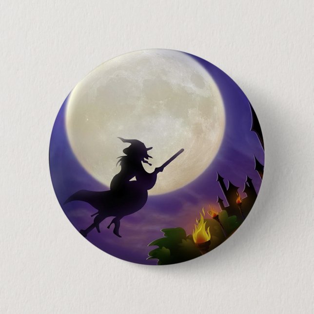 Halloween Witch Full Moon Pinback Button (Front)