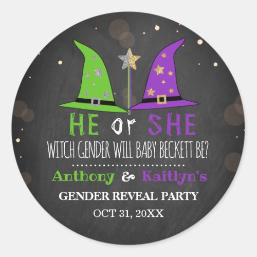 Halloween Witch Gender Reveal Party Classic Round Sticker