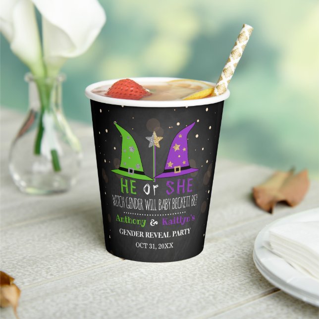 Halloween Witch Gender Reveal Party Paper Cups (Insitu)