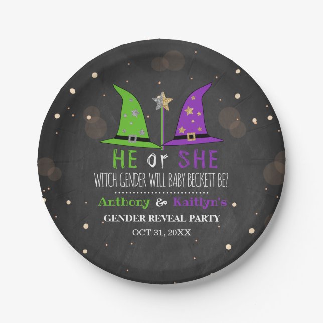Halloween Witch Gender Reveal Party Paper Plates (Front)