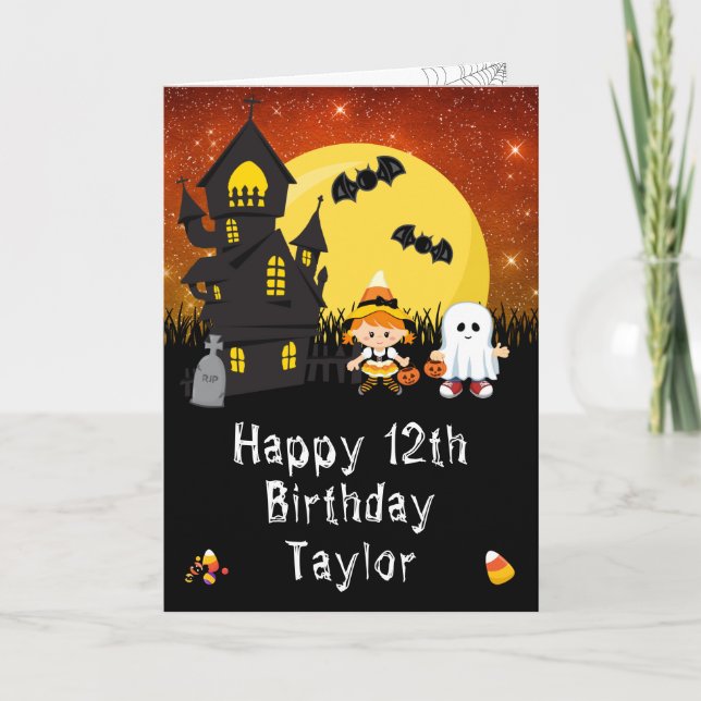 Halloween Witch Ghost Orange Happy Birthday Card (Front)