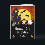 Halloween Witch Ghost Orange Happy Birthday Card<br><div class="desc">This fun and spooky birthday card can be personalized with a name or title, such as daughter, granddaughter, niece, friend etc. It features a cute witch and ghost beside a crooked haunted house. In the background is a full moon with bats and an orange night sky with stars. The text...</div>