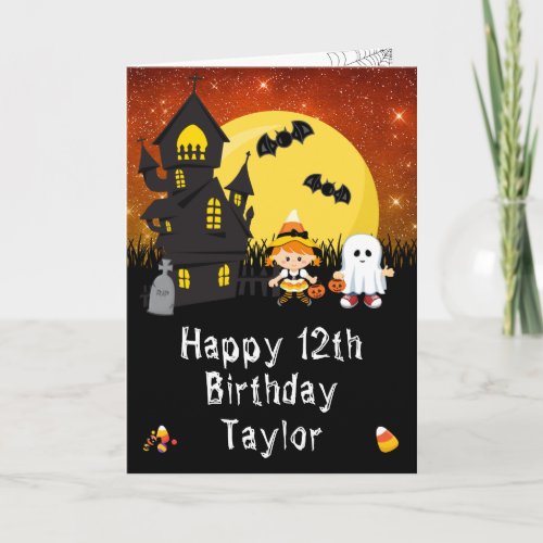 Halloween Witch Ghost Orange Happy Birthday Card