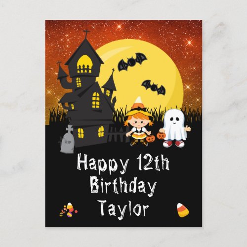 Halloween Witch Ghost Orange Happy Birthday Postcard