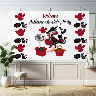 Halloween Witch Ghosts Pumpkin Cats Birthday Party Sign