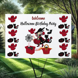 Halloween Witch Ghosts Pumpkin Cats Birthday Party Sign