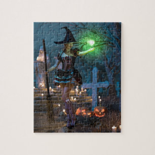 Halloween Witch Girl in the Forest Jigsaw Puzzle