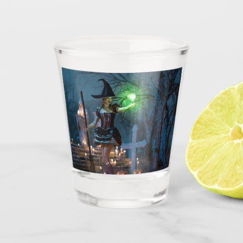 Halloween Witch Girl in the Forest Shot glass