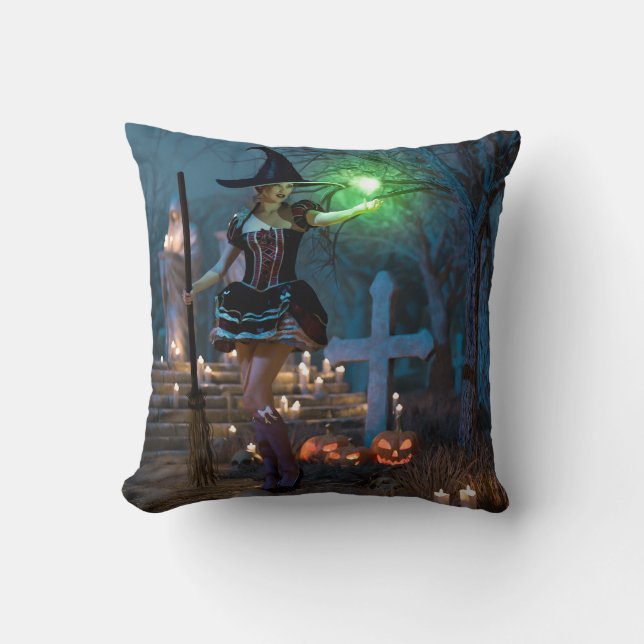 Halloween Witch Girl in the Forest Throw Pillow (Front)