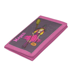 Halloween witch girl pink add your name tri-fold wallet