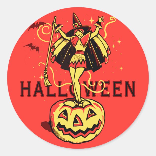 Halloween Witch Girl (vintage) Classic Round Sticker