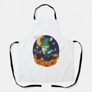 Halloween Witch Gnome Broomstick Pumpkins Moon Apron